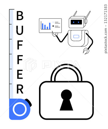 Robot presenting bar chart data with padlock and buffer scale. Ideal for technology, cybersecurity, data analysis, performance optimization, AI, educational material, and business presentations. Line 132171383