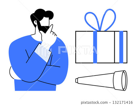 Man with hand on chin thinking, near a wrapped gift and telescope. Ideal for decision-making, future planning, curiosity, exploration, problem-solving, journeys and celebrations. Line metaphor 132171416