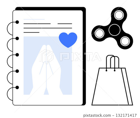Notebook featuring clasped hands illustration and heart, fidget spinner, and shopping bag. Ideal for mindfulness, stationery, mental health, relaxation, consumer habits, simplicity personal 132171417