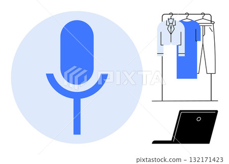 Large blue microphone icon, clothes rack with hanging shirts and pants, and a laptop. Ideal for remote work, podcasting, fashion, online meetings, virtual styling, digital marketing and home office Large blue microphone icon, clothes rack with hanging shirts and pants, and a laptop. Ideal for remote work, podcasting, fashion, online meetings, virtual styling, digital marketing and home office 132171423