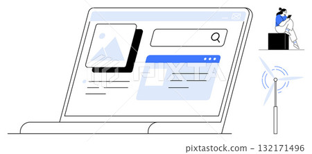 Laptop shows content management screen, person engaged on smartphone nearby, wind turbine illustrating renewable energy. Ideal for digital marketing, content management, remote work, renewable Laptop shows content management screen, person engaged on smartphone nearby, wind turbine illustrating renewable energy. Ideal for digital marketing, content management, remote work, renewable 132171496