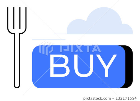 Fork beside a large Buy button against a cloud background, symbolizing online food service or e-commerce. Ideal for food tech, restaurant apps, online ordering, digital marketplaces, e-commerce, web Fork beside a large Buy button against a cloud background, symbolizing online food service or e-commerce. Ideal for food tech, restaurant apps, online ordering, digital marketplaces, e-commerce, web 132171554