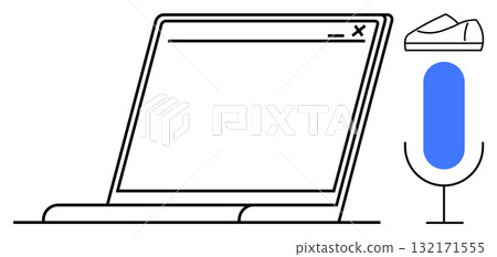 Laptop with open screen and shoe representing casual workwear, next to a blue microphone. Ideal for remote work, podcasts, casual meetings, online communication, virtual collaboration, work-life 132171555