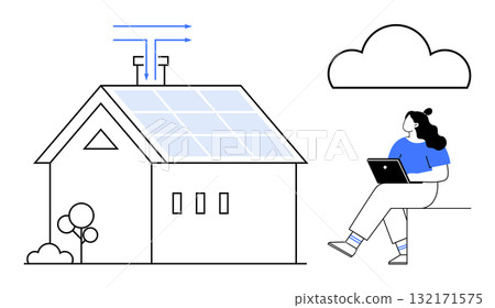 House with solar panels on roof, woman sitting with laptop under cloud. Ideal for renewable energy, green living, smart homes, technology, remote work, sustainable development, eco-friendly House with solar panels on roof, woman sitting with laptop under cloud. Ideal for renewable energy, green living, smart homes, technology, remote work, sustainable development, eco-friendly 132171575