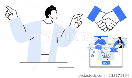 Man pointing with both hands, handshake symbol above e-commerce interface featuring buying button and discount tags. Ideal for e-commerce, sales, negotiations, partnerships, online shopping, digital 132171594
