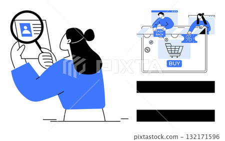 Woman holding documents with magnifying glass, examining details. E-commerce interface with shopping cart, cash back, and discounts. Ideal for e-commerce, online shopping, financial analysis, product Woman holding documents with magnifying glass, examining details. E-commerce interface with shopping cart, cash back, and discounts. Ideal for e-commerce, online shopping, financial analysis, product 132171596