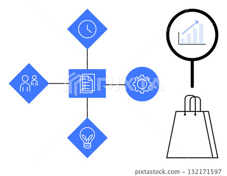 Business icons including clock, group, document, gear, light bulb connected by lines. Magnifying glass shows graph shopping bag beside it. Ideal for project management, time tracking, team 132171597