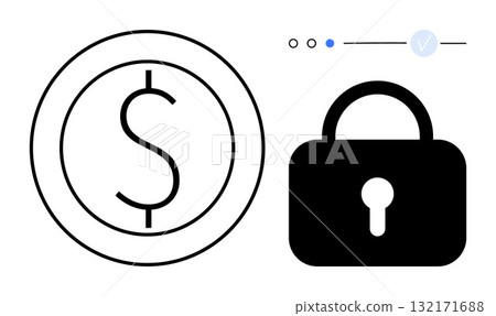 Dollar coin and lock symbolizing financial security and data protection. Ideal for fintech, banking, cybersecurity, online transactions, e-commerce, privacy policies, digital wallets. Line metaphor 132171688