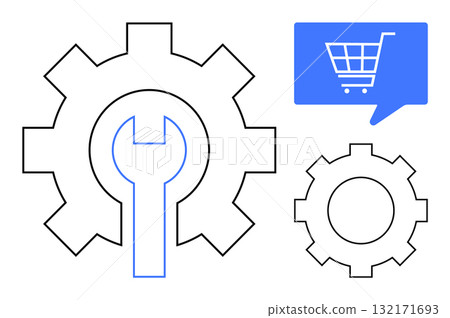 Gears and wrench symbol alongside a shopping cart icon in blue speech bubble. Ideal for technical support, online retail, e-commerce maintenance, customer service, website optimization, digital Gears and wrench symbol alongside a shopping cart icon in blue speech bubble. Ideal for technical support, online retail, e-commerce maintenance, customer service, website optimization, digital 132171693
