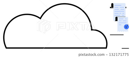 Large cloud outline with stacked documents featuring blue check marks. Ideal for themes of cloud storage digital document management online security data organization and efficient file sharing 132171775