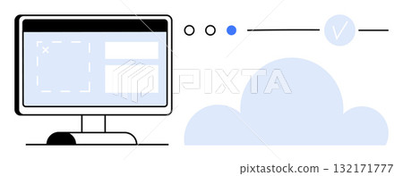 Desktop monitor with on-screen data and three progress dots leading to a cloud icon with checkmark. Ideal for cloud technology, online data backup, cloud synchronization, IT services, data storage Desktop monitor with on-screen data and three progress dots leading to a cloud icon with checkmark. Ideal for cloud technology, online data backup, cloud synchronization, IT services, data storage 132171777