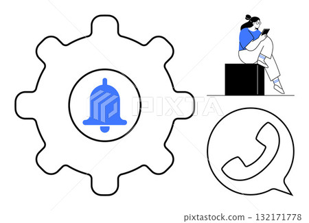 Gear with notification bell, phone symbol, and person using a tablet. Ideal for communication, technology, digital notifications, work-life balance, mobile apps remote work customer support. Gear Gear with notification bell, phone symbol, and person using a tablet. Ideal for communication, technology, digital notifications, work-life balance, mobile apps remote work customer support. Gear 132171778