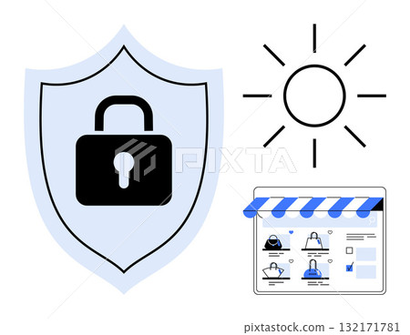 Shield with lock, sun, and online store webpage. Ideal for cybersecurity, e-commerce security, data privacy, online protection, safe shopping digital safety website security. Line metaphor 132171781