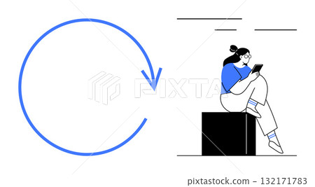 Woman with tablet sitting on a block, large circular arrow pointing clockwise. Ideal for concepts of technology, progress, continuity, learning, digital media, productivity innovation. Line metaphor Woman with tablet sitting on a block, large circular arrow pointing clockwise. Ideal for concepts of technology, progress, continuity, learning, digital media, productivity innovation. Line metaphor 132171783