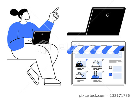 Person using laptop, pointing upward, with an e-commerce store interface showing handbags. Ideal for online shopping, e-commerce, digital marketing, retail, technology, user interface design sales Person using laptop, pointing upward, with an e-commerce store interface showing handbags. Ideal for online shopping, e-commerce, digital marketing, retail, technology, user interface design sales 132171786