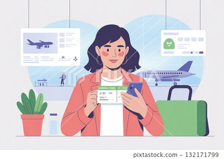 A woman checking her boarding pass on her smartphone at the airport A woman checking her boarding pass on her smartphone at the airport 132171799