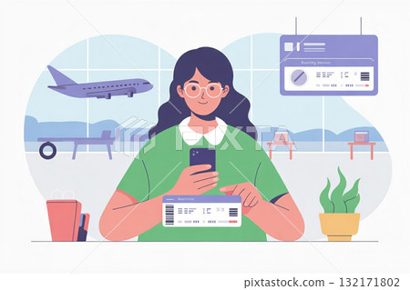 一名女子在機場用智慧型手機查看登機證 132171802