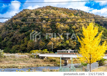 紀新線上的深秋：開往播磨新宮車站的1號本地列車穿過佐用川上的鐵路橋。兵庫縣佐用郡佐用町。 132171825
