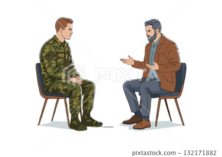 Military man in uniform and civilian man talking seriously while seated on chairs, flat graphic style, white background, concept of therapy and counseling 132171882