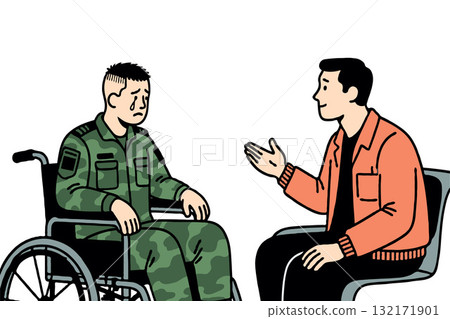 A sad soldier in a wheelchair crying while speaking to a therapist, in cartoon style, on white background. Concept of psychological support 132171901