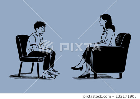 Crying boy sitting across from a woman in a therapy session, hand-drawn style, on a plain blue background, concept of emotional support 132171903
