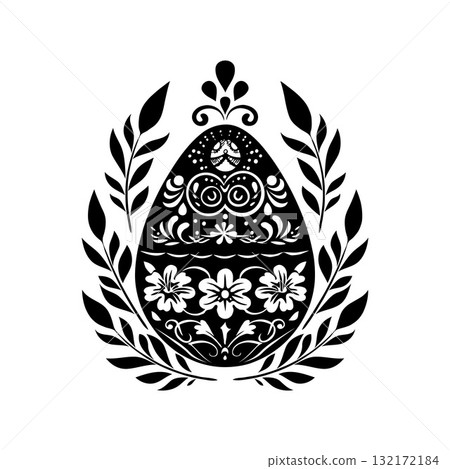 Black and white ornamental Easter egg design with intricate floral patterns, surrounded by leaves on a white background 132172184