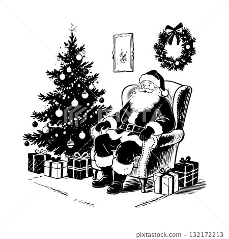 Santa Claus relaxing in armchair beside decorated Christmas tree with wrapped gifts, hand-drawn sketch style, white background, festive holiday concept Santa Claus relaxing in armchair beside decorated Christmas tree with wrapped gifts, hand-drawn sketch style, white background, festive holiday concept 132172213