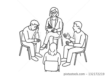 Group of people sitting in a circle with therapist, hand-drawn line art style, on white background. Concept of mental health support Group of people sitting in a circle with therapist, hand-drawn line art style, on white background. Concept of mental health support 132172219