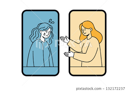 Two women shown on phone screens, one crying and one comforting, flat style on white background, concept of emotional support online 132172237