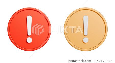 3D icon set of round caution marks. Simple red and yellow prohibition mark UI illustration 3D icon set of round caution marks. Simple red and yellow prohibition mark UI illustration 132172242