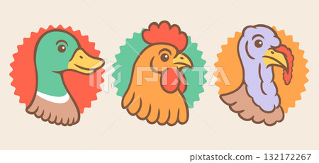 Vector set illustrations of turkey, chicken and duck heads in retro style. Vintage illustrations of turkey, rooster and duck Vector set illustrations of turkey, chicken and duck heads in retro style. Vintage illustrations of turkey, rooster and duck 132172267