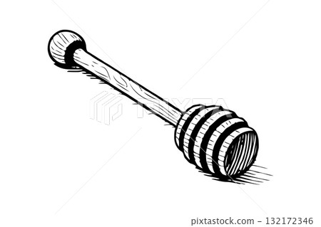 Wooden honey dipper illustration in hand-drawn ink style on white background. Concept of kitchen utensil or sweet food accessory Wooden honey dipper illustration in hand-drawn ink style on white background. Concept of kitchen utensil or sweet food accessory 132172346