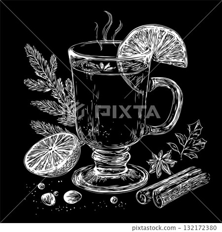 Hot spiced tea with lemon, cinnamon, herbs, and spices drawn in chalk style on black background. Concept of winter drink and cozy warmth 132172380