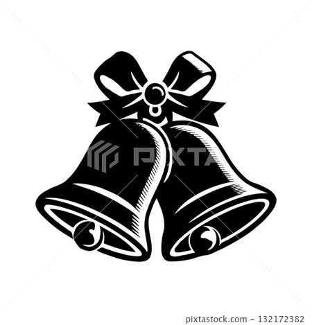 Two decorative black bells tied with a ribbon in classic graphic style on white background, symbolizing celebration or festive occasions 132172382