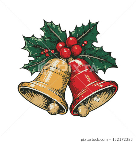 Two festive Christmas bells with holly leaves and red berries in hand-drawn sketch style on white background, symbolizing holiday celebration 132172383