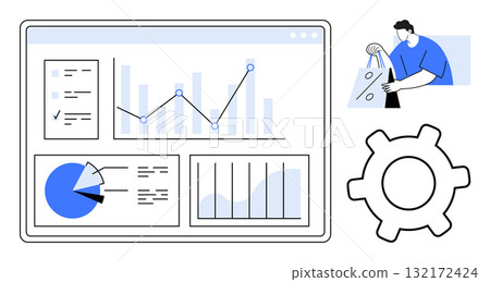 Interactive dashboard with various data visualizations, person carrying shopping bags, and a large gear symbol. Ideal for business analytics, consumer behavior, e-commerce, process optimization 132172424