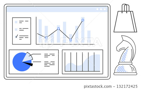 Business analytics screen displaying line graphs, pie charts, and bar charts beside a shopping bag and chess knight. Ideal for business strategy, e-commerce, marketing, data analysis, and decision 132172425