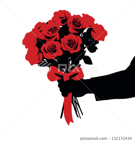 Silhouette hand holding red rose bouquet with ribbon on white background. Concept of gift, romance, celebration flower delivery 132172430