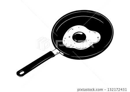 Black and white sketch of a frying pan with a single fried egg inside, isolated on white background, representing home cooking concept 132172431