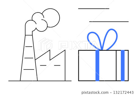 Factory emitting smoke from a stack next to a gift box with blue ribbon. Ideal for manufacturing, production, pollution, environmental impact, industrialization, consumerism, sustainability. Line Factory emitting smoke from a stack next to a gift box with blue ribbon. Ideal for manufacturing, production, pollution, environmental impact, industrialization, consumerism, sustainability. Line 132172443