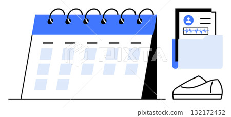 Desk calendar open to empty dates on a spiral-bound stand, folder with medical records, and a shoe. Ideal for healthcare, office planning, time management, appointments, patient scheduling, medical Desk calendar open to empty dates on a spiral-bound stand, folder with medical records, and a shoe. Ideal for healthcare, office planning, time management, appointments, patient scheduling, medical 132172452