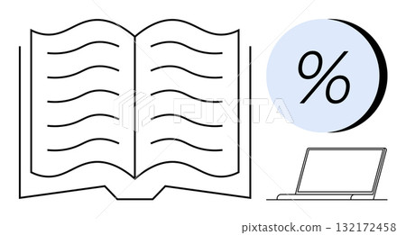 Open book with wavy lines symbolizing text on pages, percentage symbol in a blue circle, and a laptop. Ideal for education, data analysis, technology, online learning, research, statistics, finance Open book with wavy lines symbolizing text on pages, percentage symbol in a blue circle, and a laptop. Ideal for education, data analysis, technology, online learning, research, statistics, finance 132172458