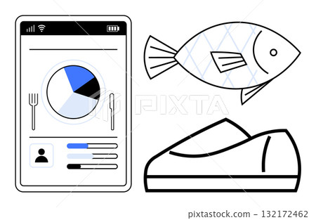 Mobile app displaying nutritional data, whole fish, and gym shoe. Ideal for health and fitness, diet planning, seafood emphasis, tracking apps, nutrition analysis, wellness, and self-improvement 132172462