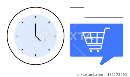 Clock displaying time next to a blue speech bubble with a shopping cart icon. Ideal for e-commerce, business time management, online shopping, efficiency, scheduling, digital marketing, consumer Clock displaying time next to a blue speech bubble with a shopping cart icon. Ideal for e-commerce, business time management, online shopping, efficiency, scheduling, digital marketing, consumer 132172463