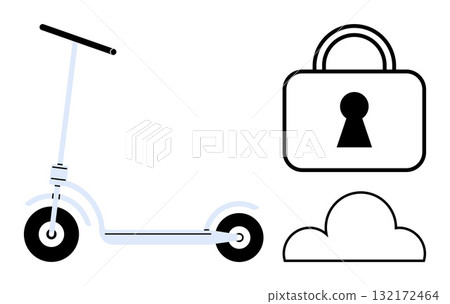 E-scooter beside a cloud and padlock, signifying mobility and cybersecurity integration. Ideal for urban transportation, smart technology, digital security, online storage, modern commuting 132172464