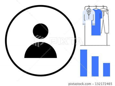 Simplistic user icon in a circle, clothing rack with garments, and a vertical bar graph. Ideal for user profiles, retail data, e-commerce, consumer trends, fashion industry, market analysis Simplistic user icon in a circle, clothing rack with garments, and a vertical bar graph. Ideal for user profiles, retail data, e-commerce, consumer trends, fashion industry, market analysis 132172465