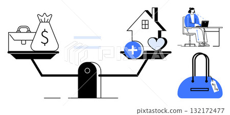 Money bag and briefcase balanced against house, heart, and medical symbol on scale. Remote worker sitting at desk, blue handbag. Ideal for work-life balance, career, finance, health home remote Money bag and briefcase balanced against house, heart, and medical symbol on scale. Remote worker sitting at desk, blue handbag. Ideal for work-life balance, career, finance, health home remote 132172477