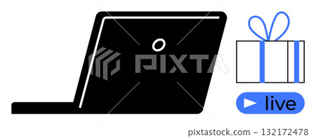 Laptop beside wrapped gift and live button. Ideal for virtual events, online gifting, streaming, webinars, e-commerce, remote meetings, live presentations. Line metaphor Laptop beside wrapped gift and live button. Ideal for virtual events, online gifting, streaming, webinars, e-commerce, remote meetings, live presentations. Line metaphor 132172478