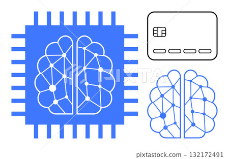 Brain network connected to microchip, credit card with chip. Ideal for technology, AI, fintech, cybersecurity, data protection, banking digital transactions themes. Line metaphor 132172491