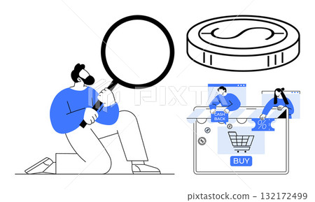 Man inspecting online shopping cart with magnifying glass, dollar coin above, people on laptop. Ideal for e-commerce, financial analysis, online shopping, cashback offers, discount strategies Man inspecting online shopping cart with magnifying glass, dollar coin above, people on laptop. Ideal for e-commerce, financial analysis, online shopping, cashback offers, discount strategies 132172499